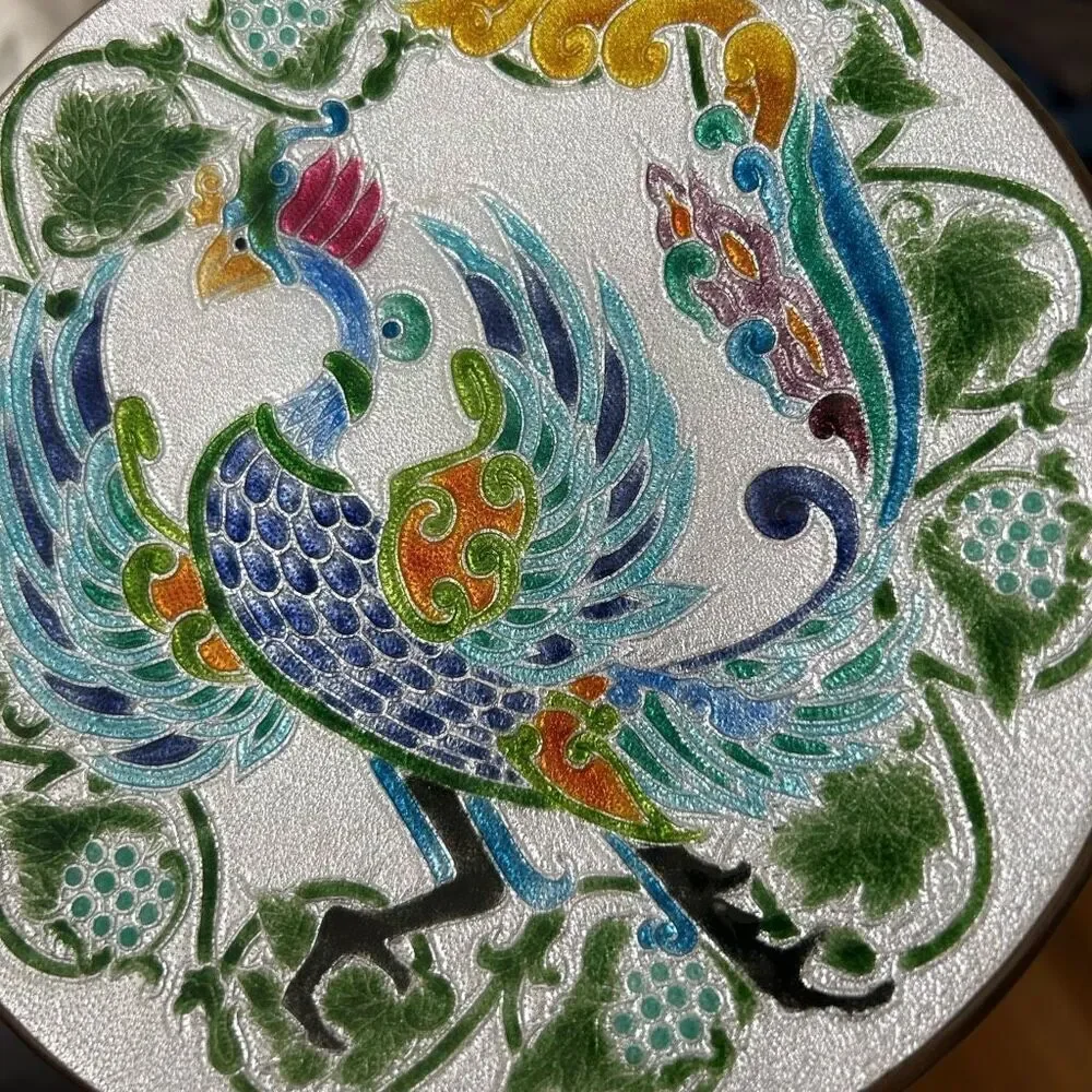 Japanese Cloisonne Phoenix Peacock Rooster Bird Plate